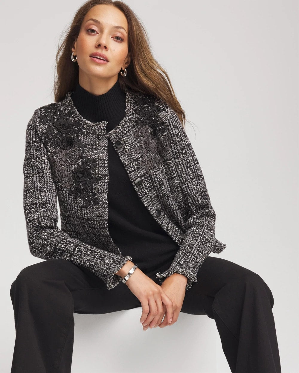 Embroidered Metallic Tweed Cardigan Gray - Chico's
