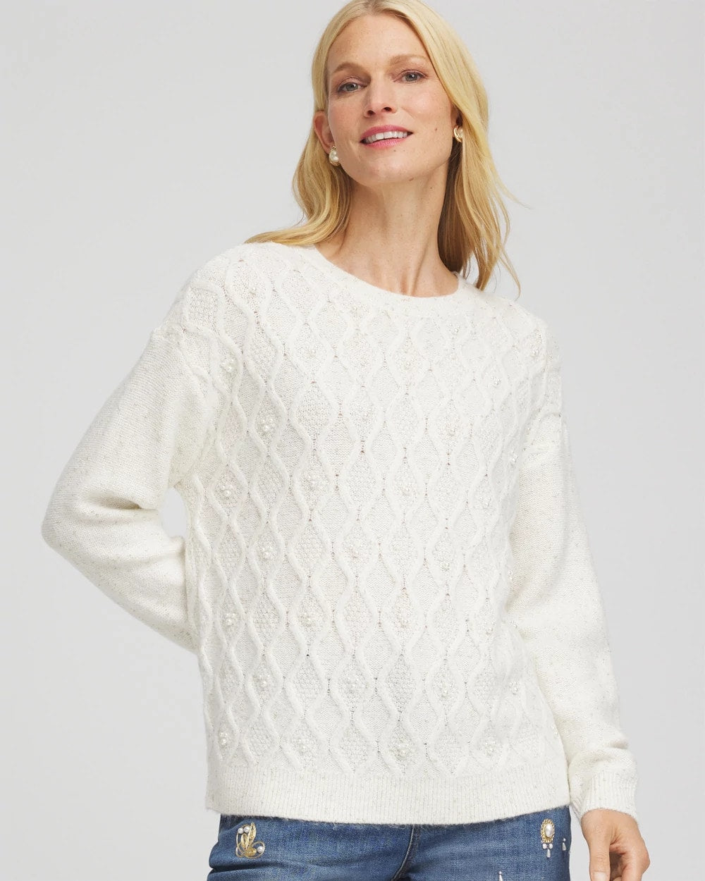 Embellished Cable Knit Sweater English Cream - Chico's