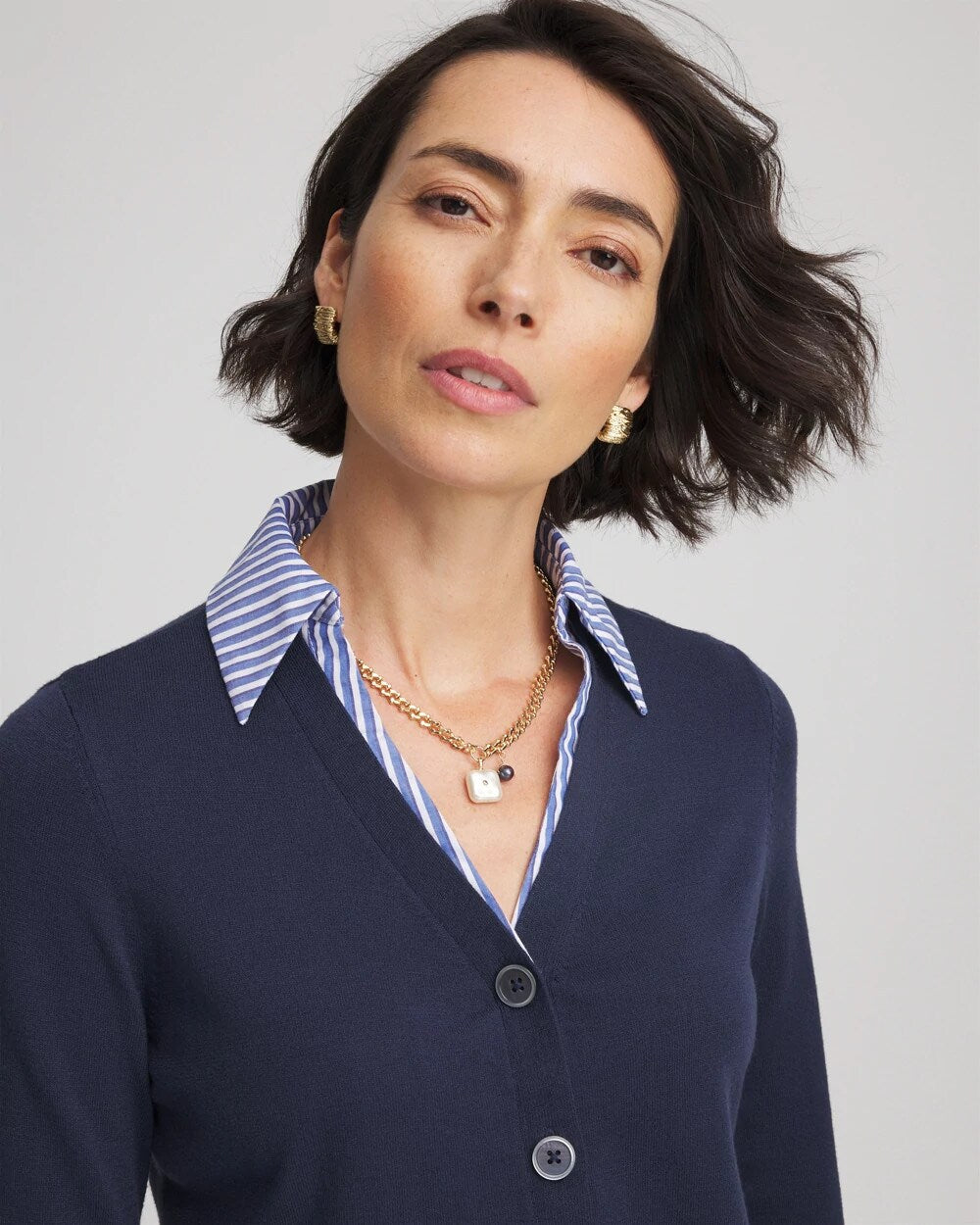 Striped Collared Cardigan Sweater Passport Blue - Chico's
