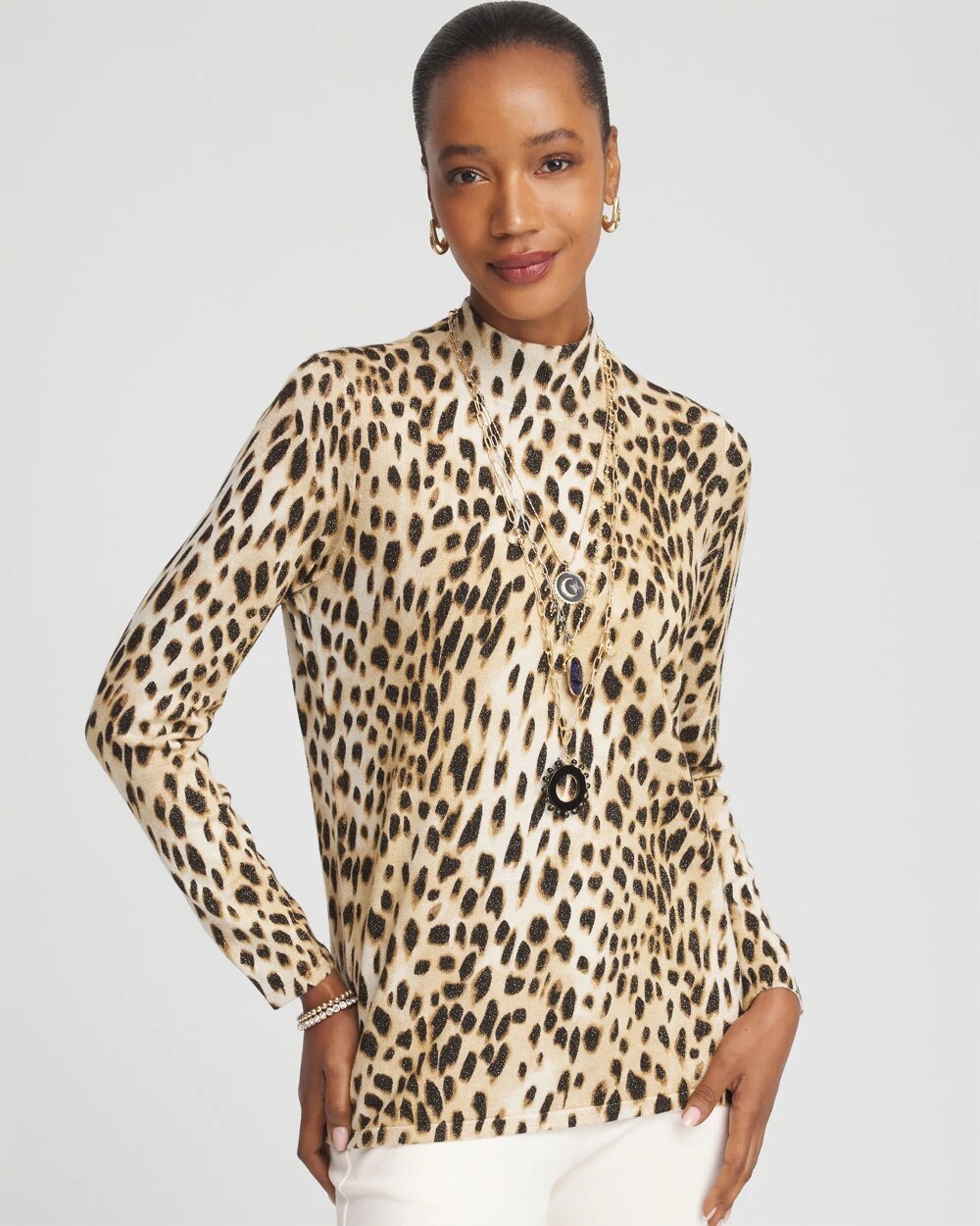 Ella Mockneck Animal-Print Pullover Sweater English Cream - Chico's