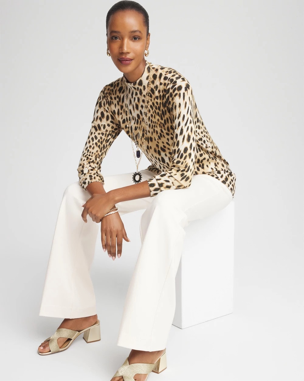 Ella Mockneck Animal-Print Pullover Sweater English Cream - Chico's