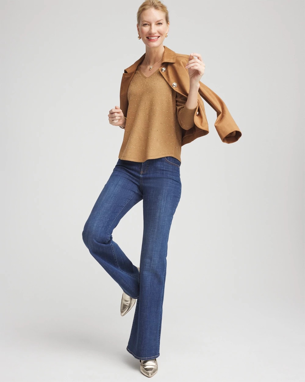 Ella V-Neck Embellished Pullover Sweater Faux Camel Heather - Chico's