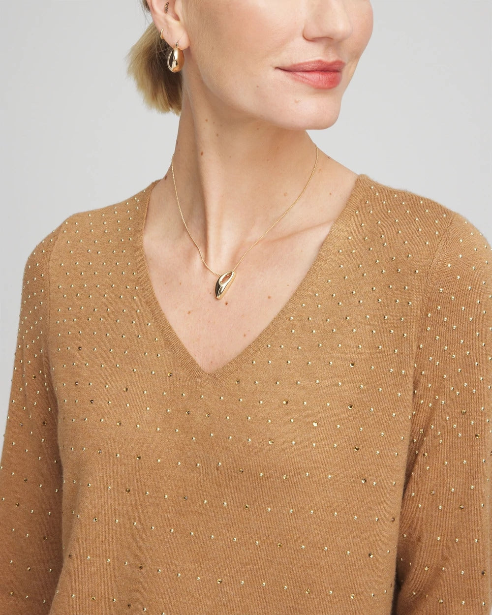 Ella V-Neck Embellished Pullover Sweater Faux Camel Heather - Chico's