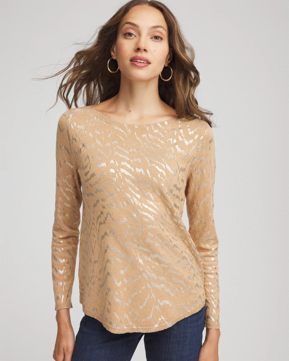 Ella Boatneck Foiled Pullover Sweater Faux Camel Heather - Chico's