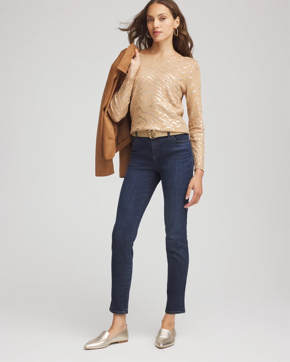Ella Boatneck Foiled Pullover Sweater Faux Camel Heather - Chico's