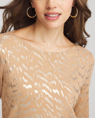 Ella Boatneck Foiled Pullover Sweater Faux Camel Heather - Chico's