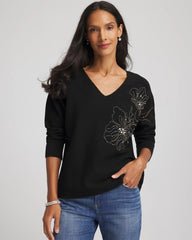 Floral Embellished Dolman V-Neck Pullover Black - Chico's