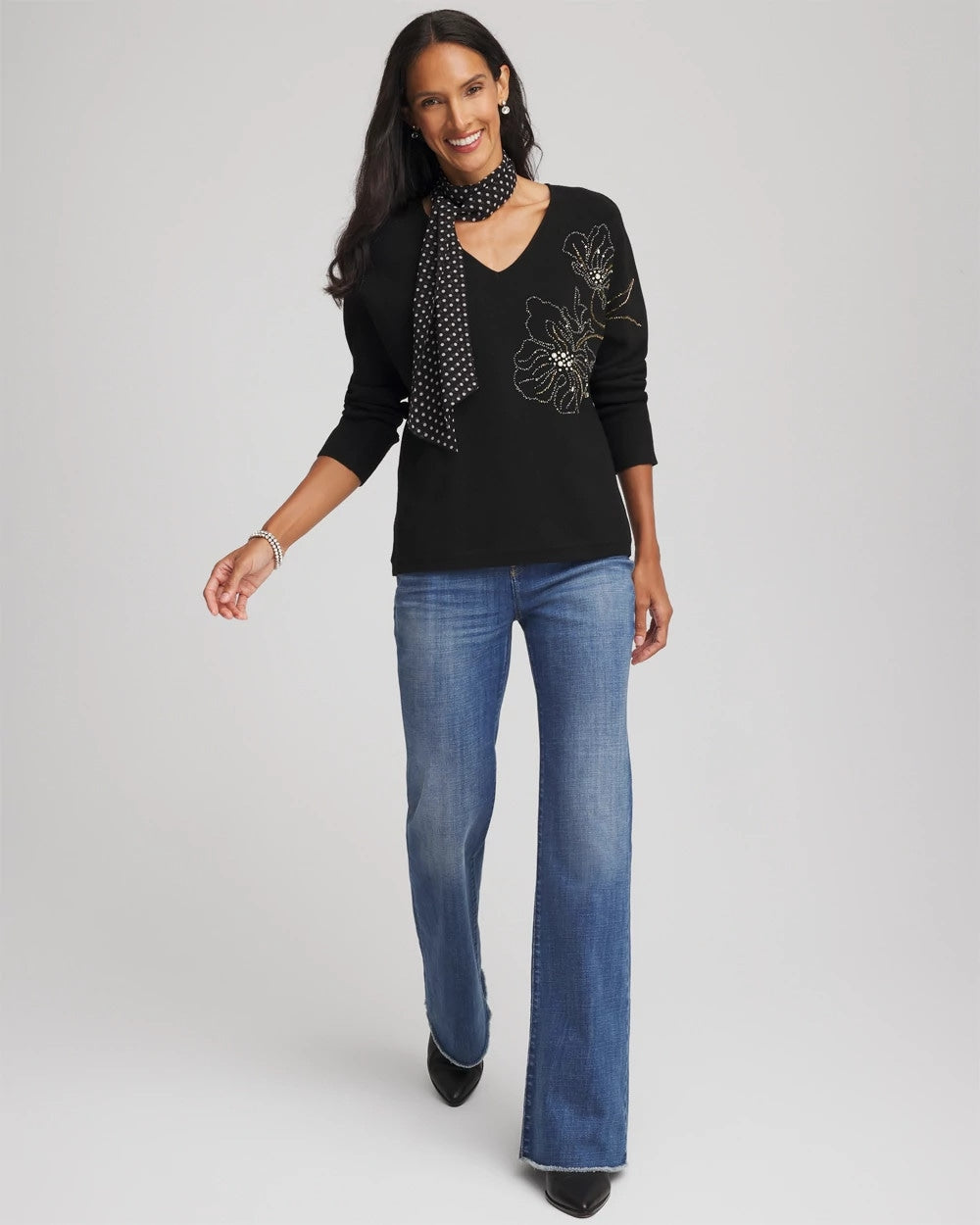 Floral Embellished Dolman V-Neck Pullover Black - Chico's