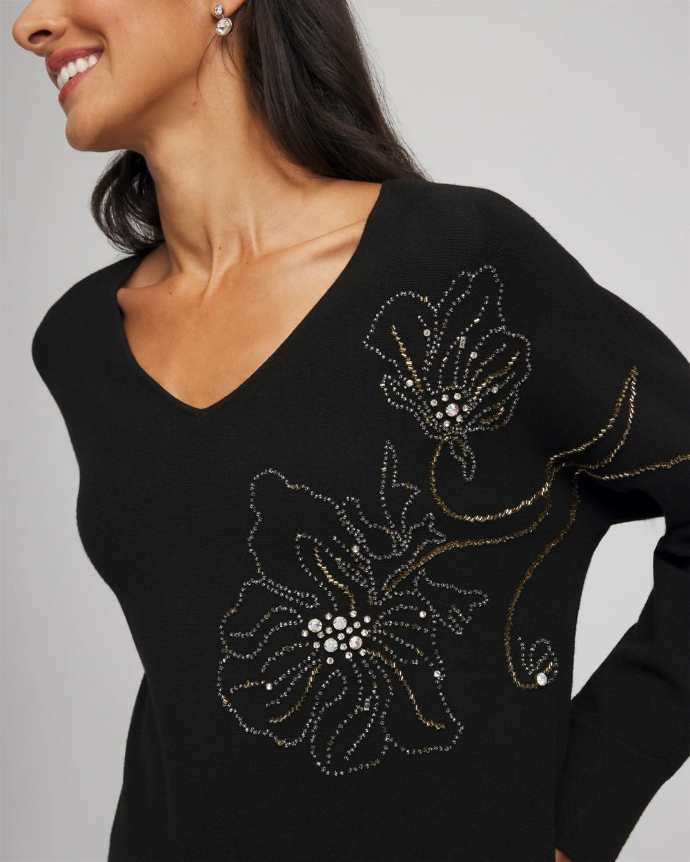 Floral Embellished Dolman V-Neck Pullover Black - Chico's