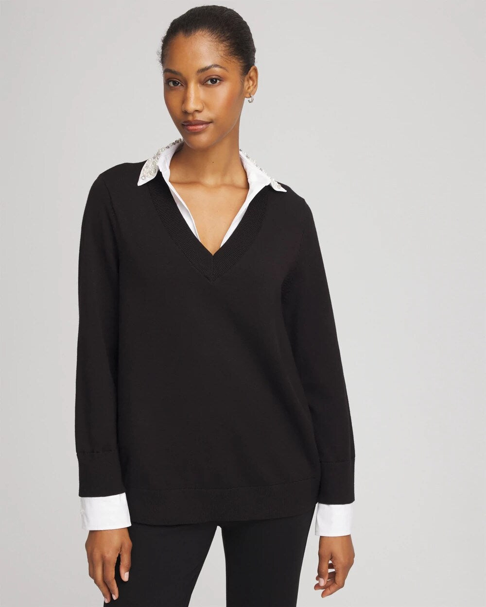 Embellished Layered Collar Shirt Sweater Black - Chico's