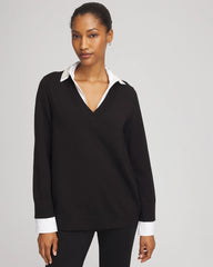 Embellished Layered Collar Shirt Sweater Black - Chico's