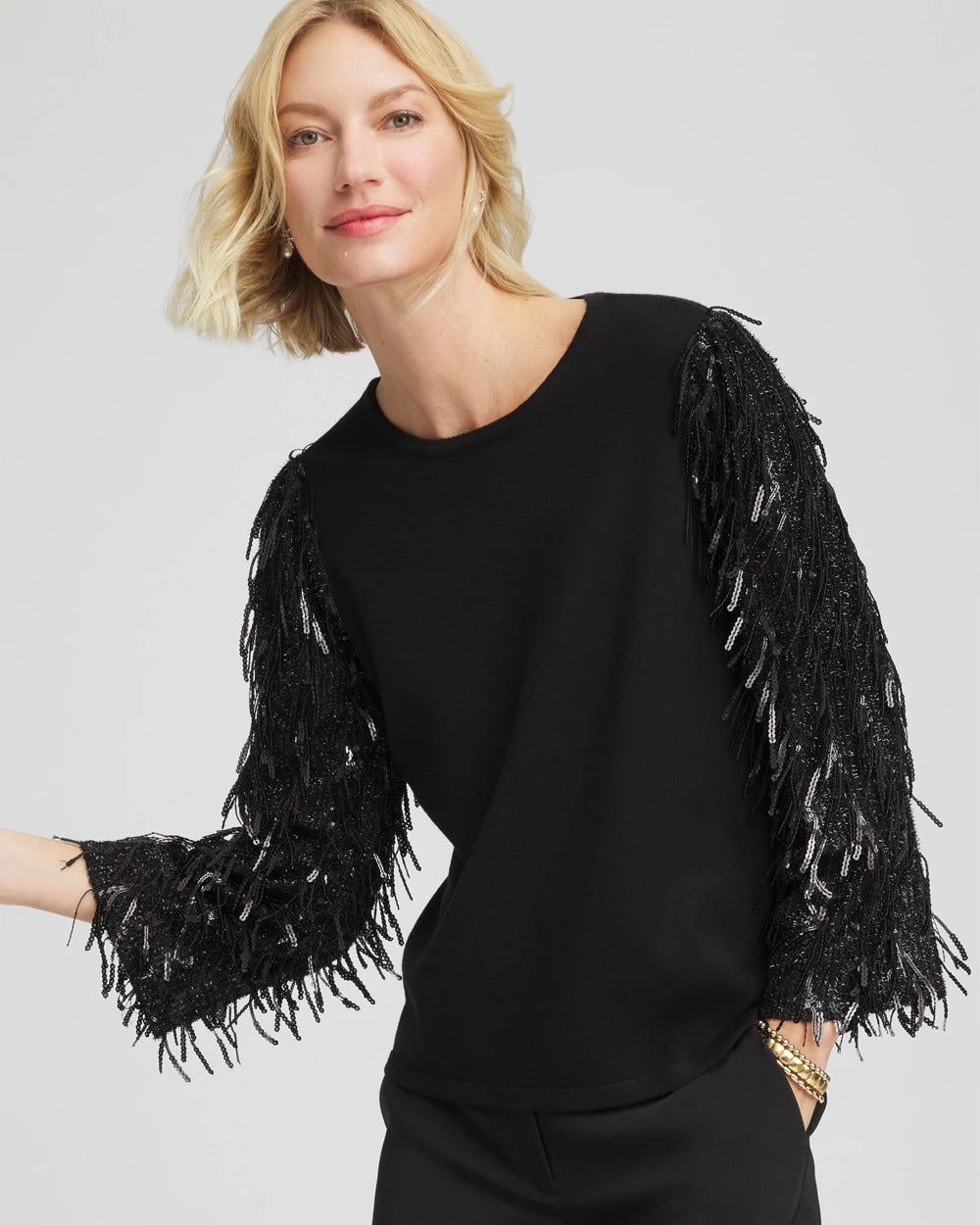 Fringe Sequins Pullover Sweater Black - Chico's