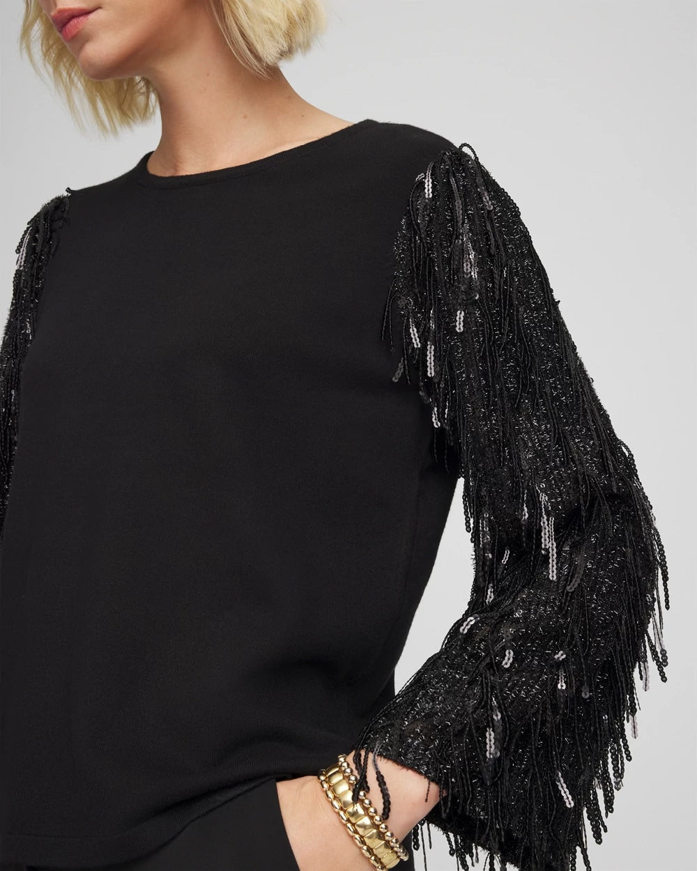 Fringe Sequins Pullover Sweater Black - Chico's