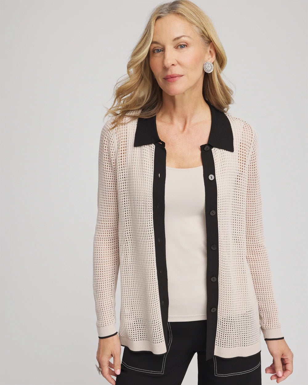 Pointelle Polo Cardigan Smokey Taupe - Chico's