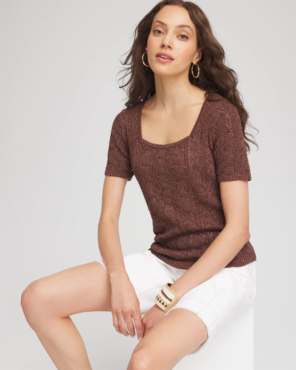 Pointelle Square-Neck Pullover Sweater Cacao - Chico's
