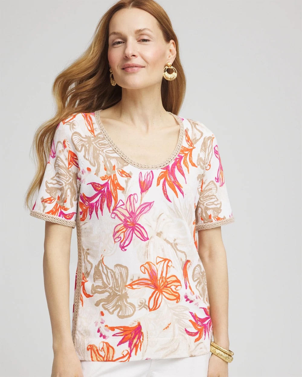 Floral Print Crochet-Trim Pullover Sweater Alabaster - Chico's