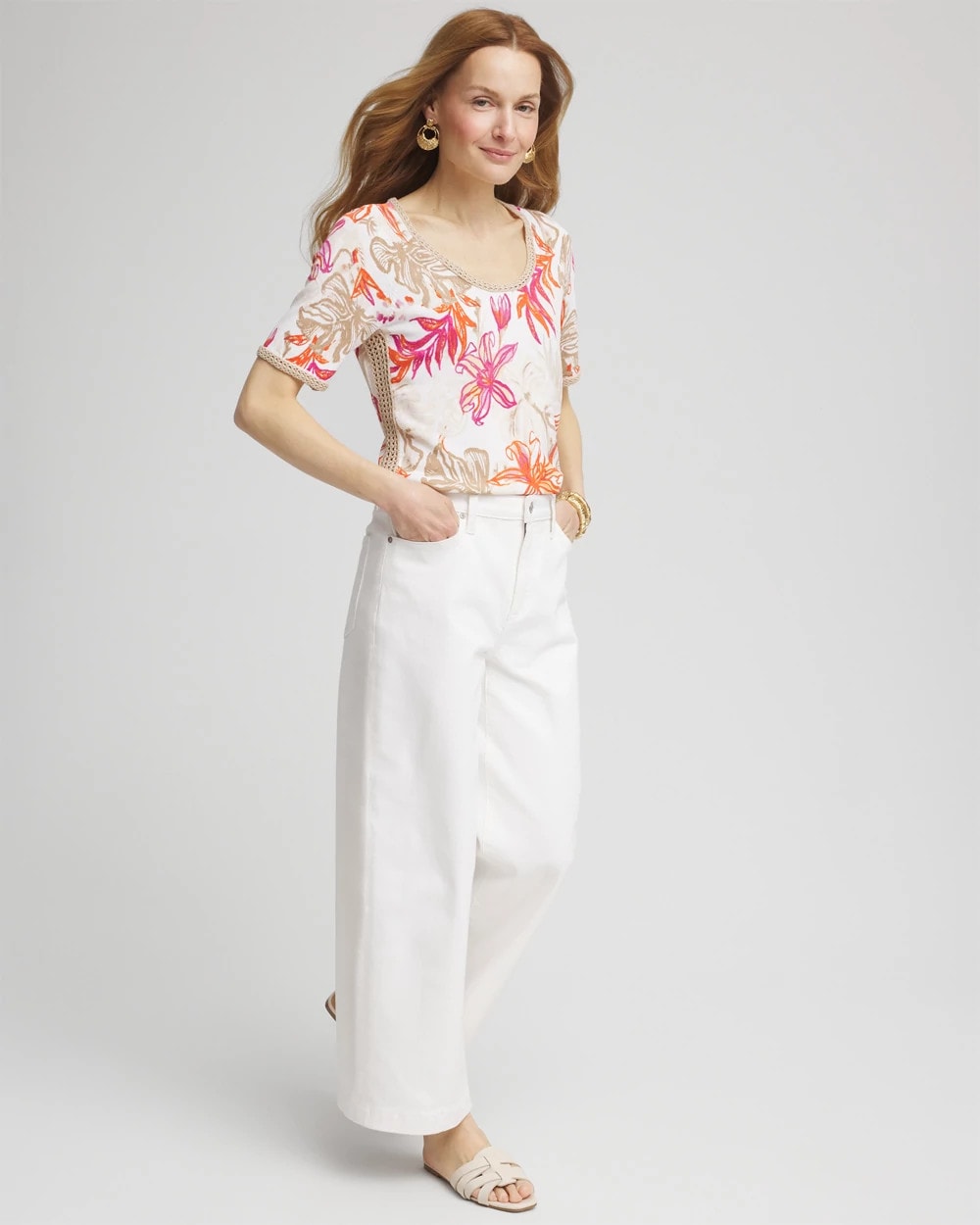 Floral Print Crochet-Trim Pullover Sweater Alabaster - Chico's