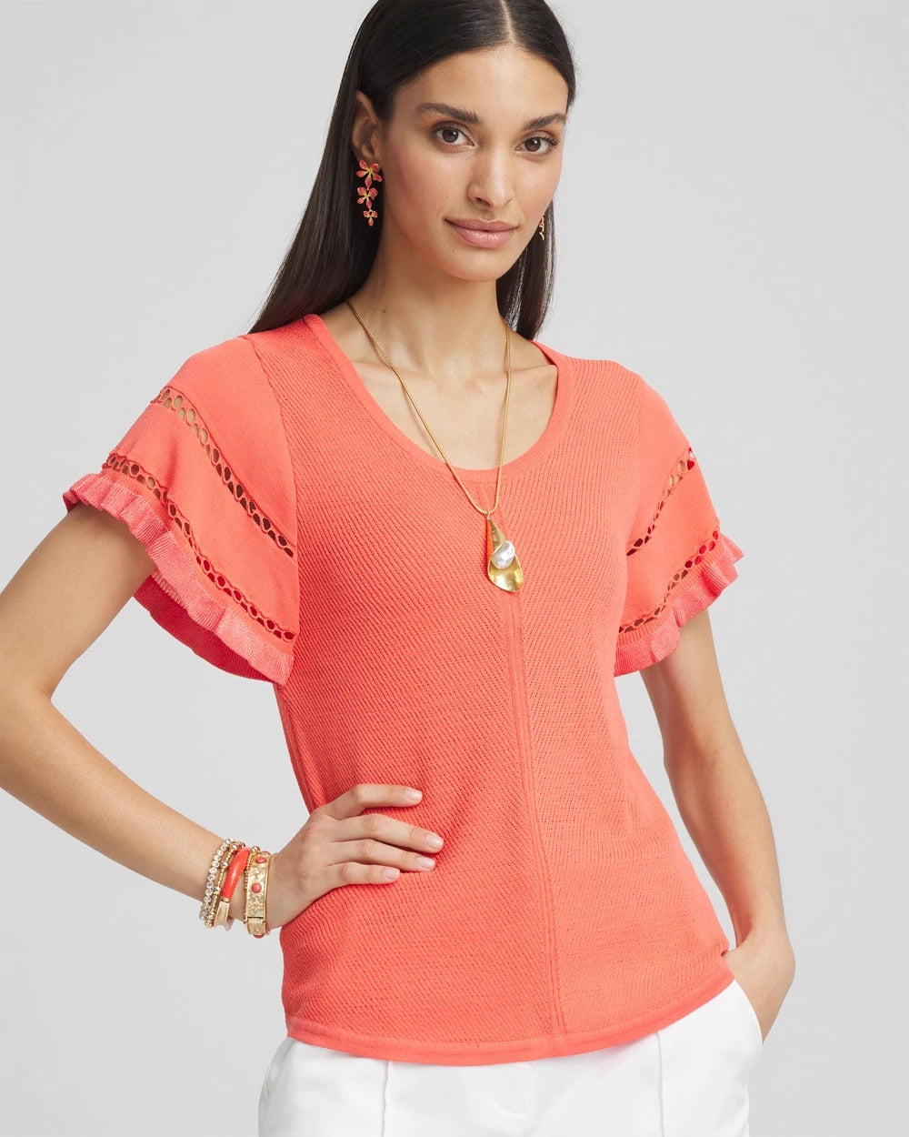 Cutout Short-Sleeved Pullover Sweater Melon Mambo - Chico's