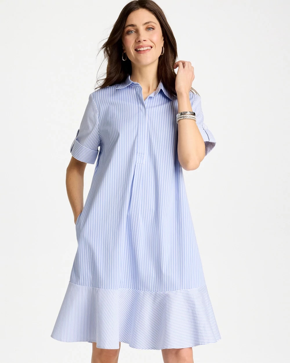 Popover Striped Tiered Poplin Dress Blue Orchid - Chico's
