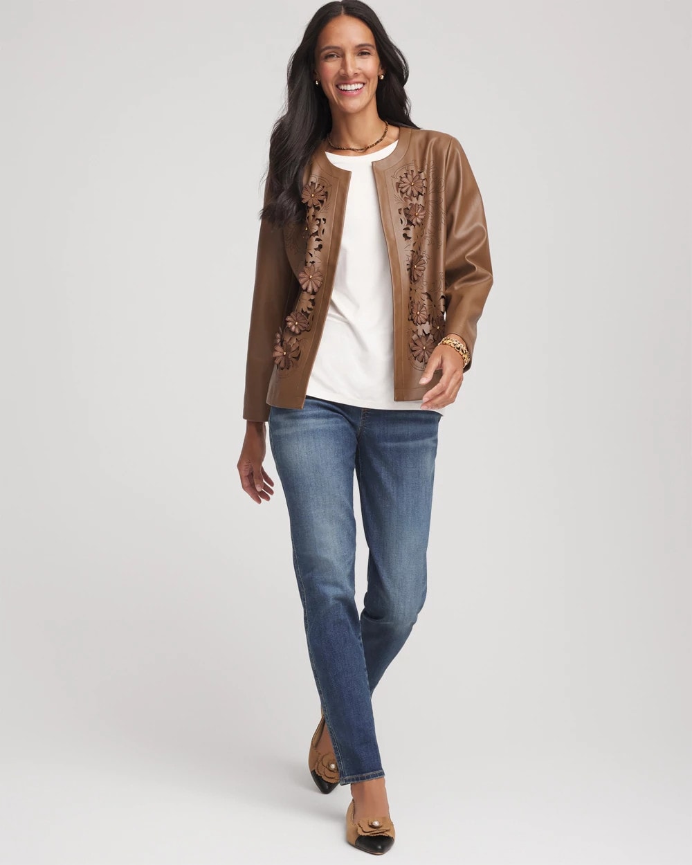 Floral Cutwork Faux Leather Jacket Chocolate Truffle - Chico's
