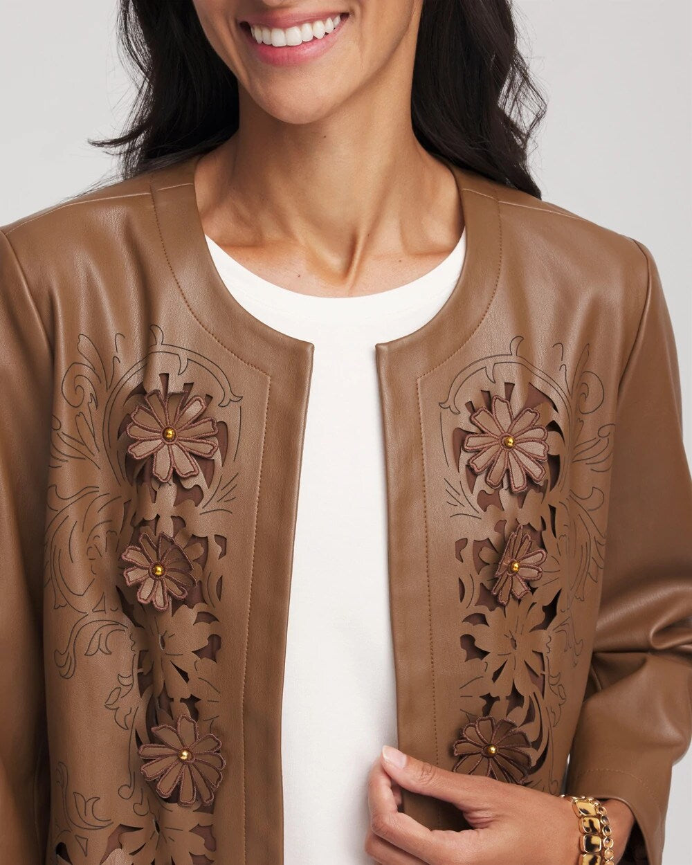 Floral Cutwork Faux Leather Jacket Chocolate Truffle - Chico's