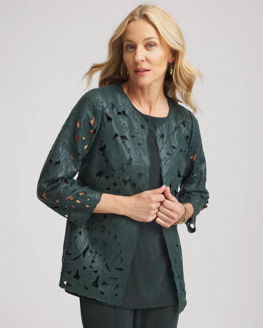 Travelers™ Collection Faux Leather Floral Jacket Darkest Spruce - Chico's