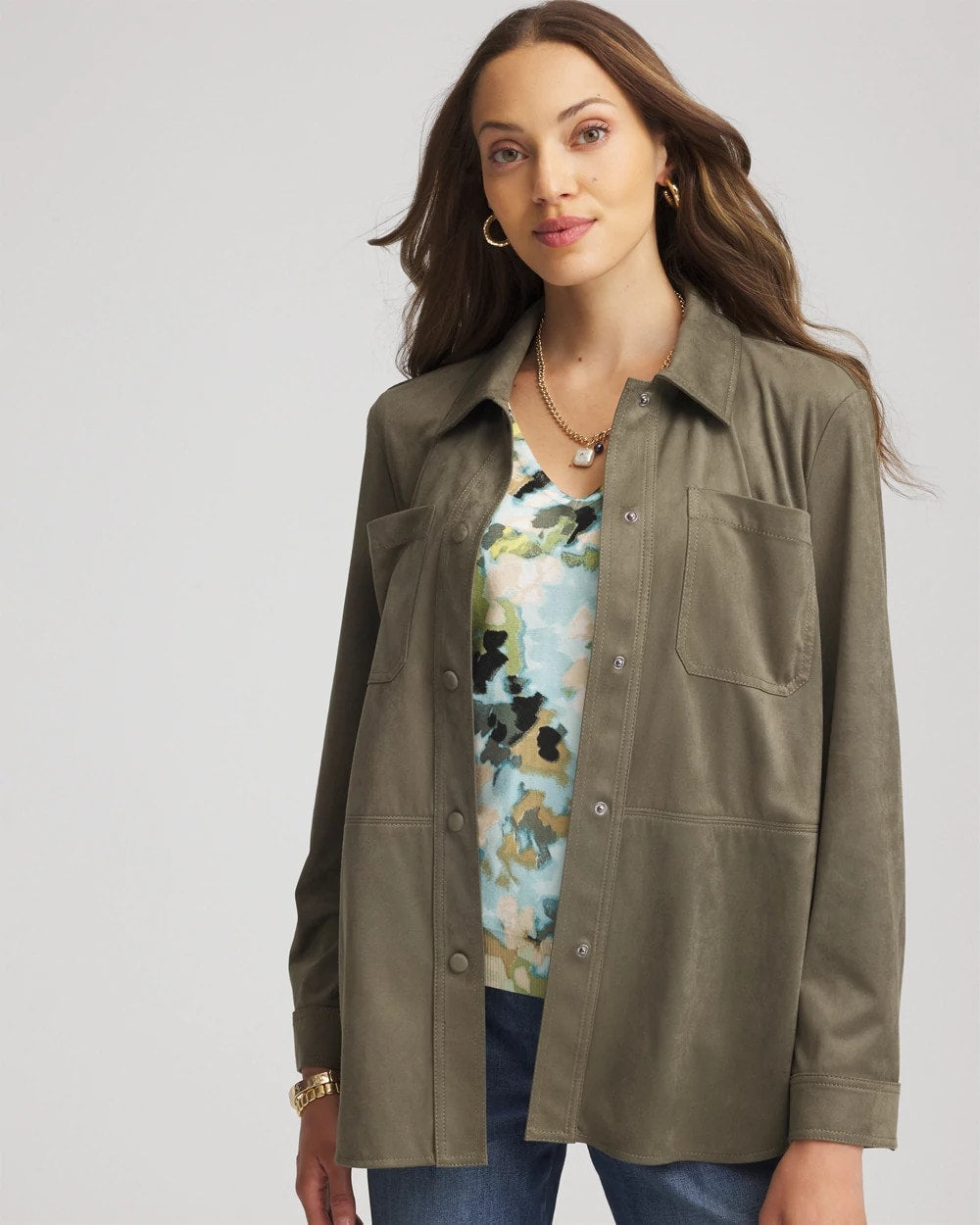 Suede Collared Long-Sleeved Shacket Nettle Leaf - Chico's
