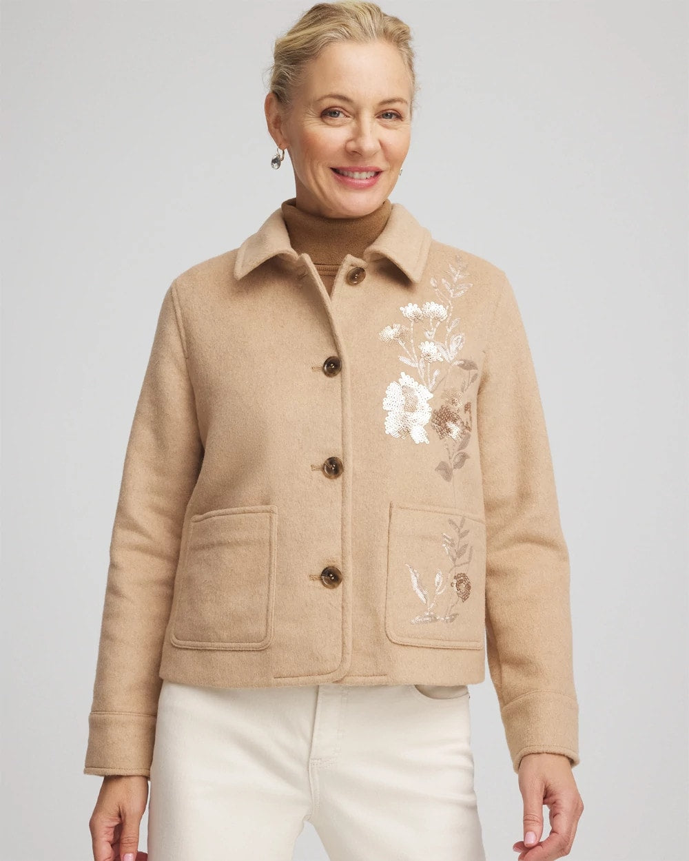 Embroidered Wool Chore Jacket Light Taupe Heather - Chico's