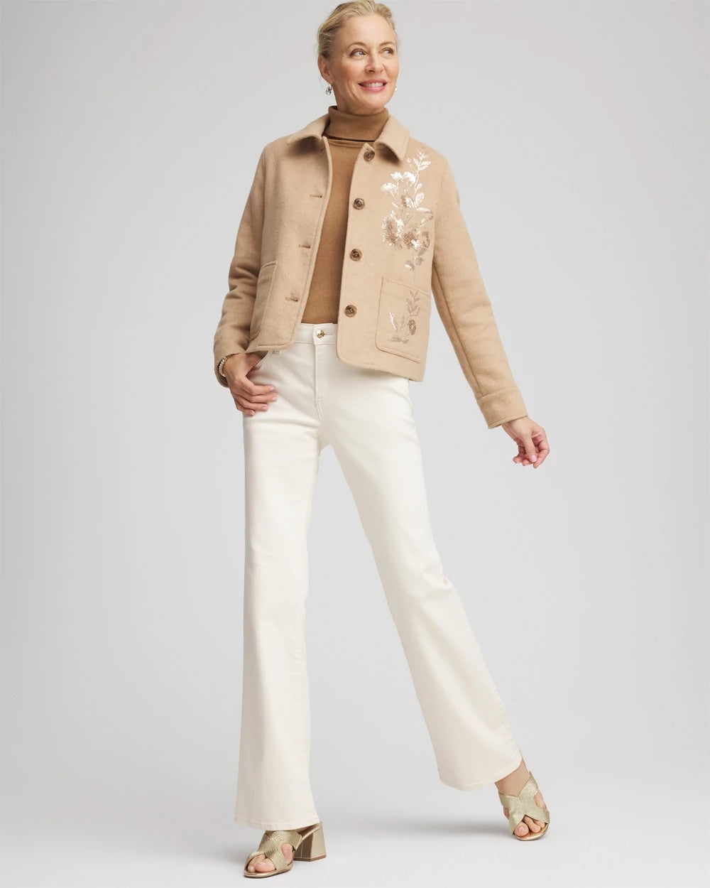 Embroidered Wool Chore Jacket Light Taupe Heather - Chico's