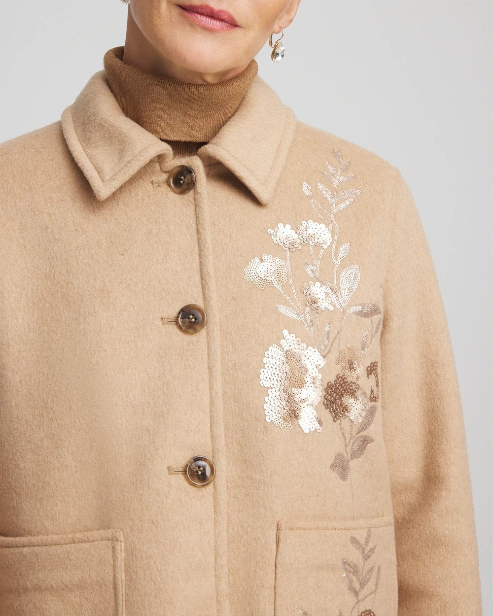 Embroidered Wool Chore Jacket Light Taupe Heather - Chico's