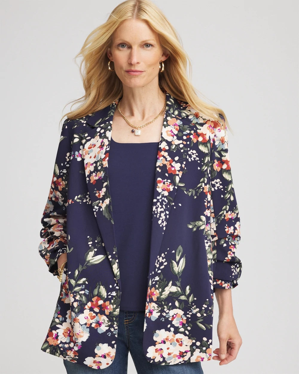 Floral Ruched Sleeve Blazer Passport Blue - Chico's