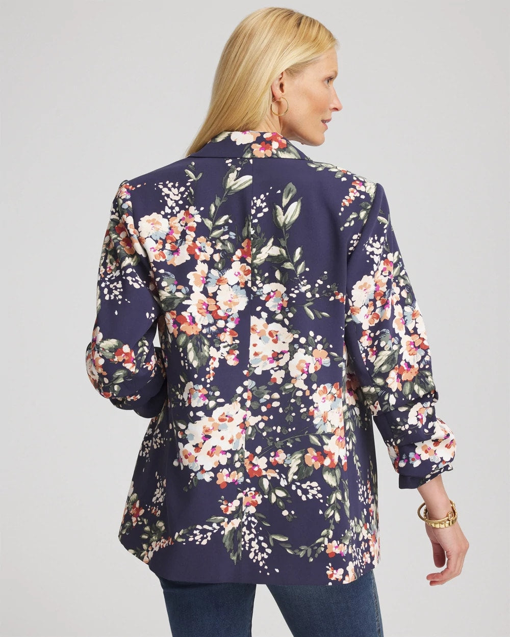 Floral Ruched Sleeve Blazer Passport Blue - Chico's