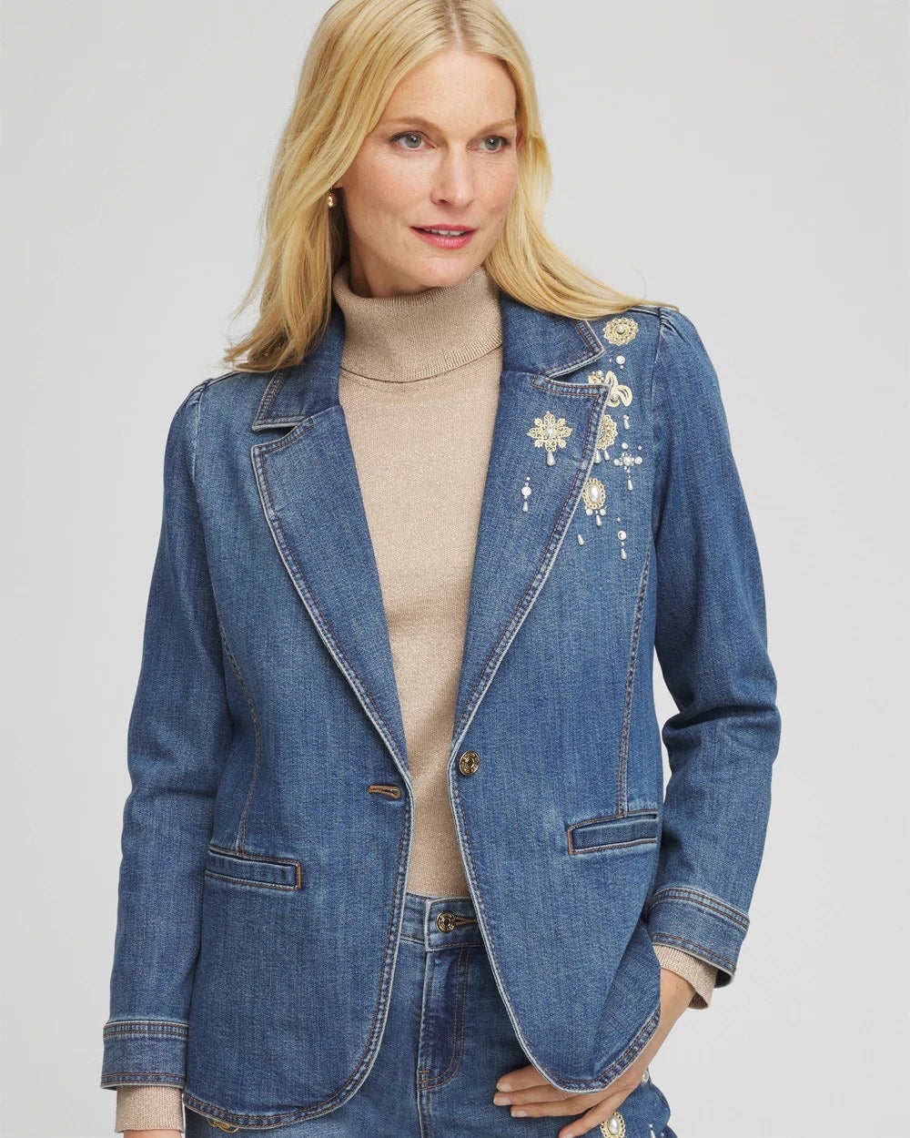 Pearl Brooch Denim Blazer Kiruna Indigo - Chico's