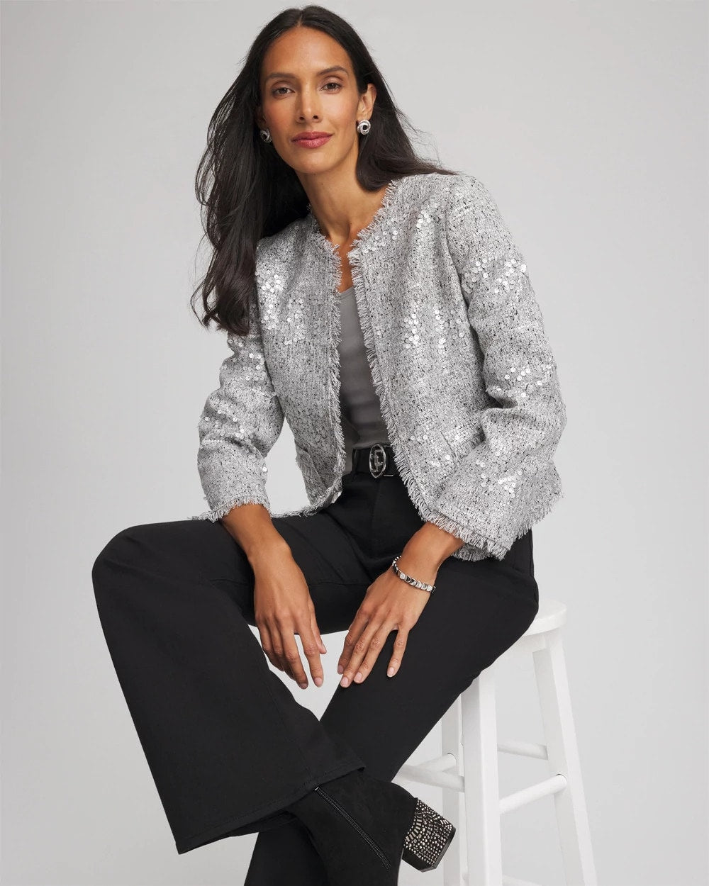 Silver Sequins Tweed Jacket Silver - Chico's