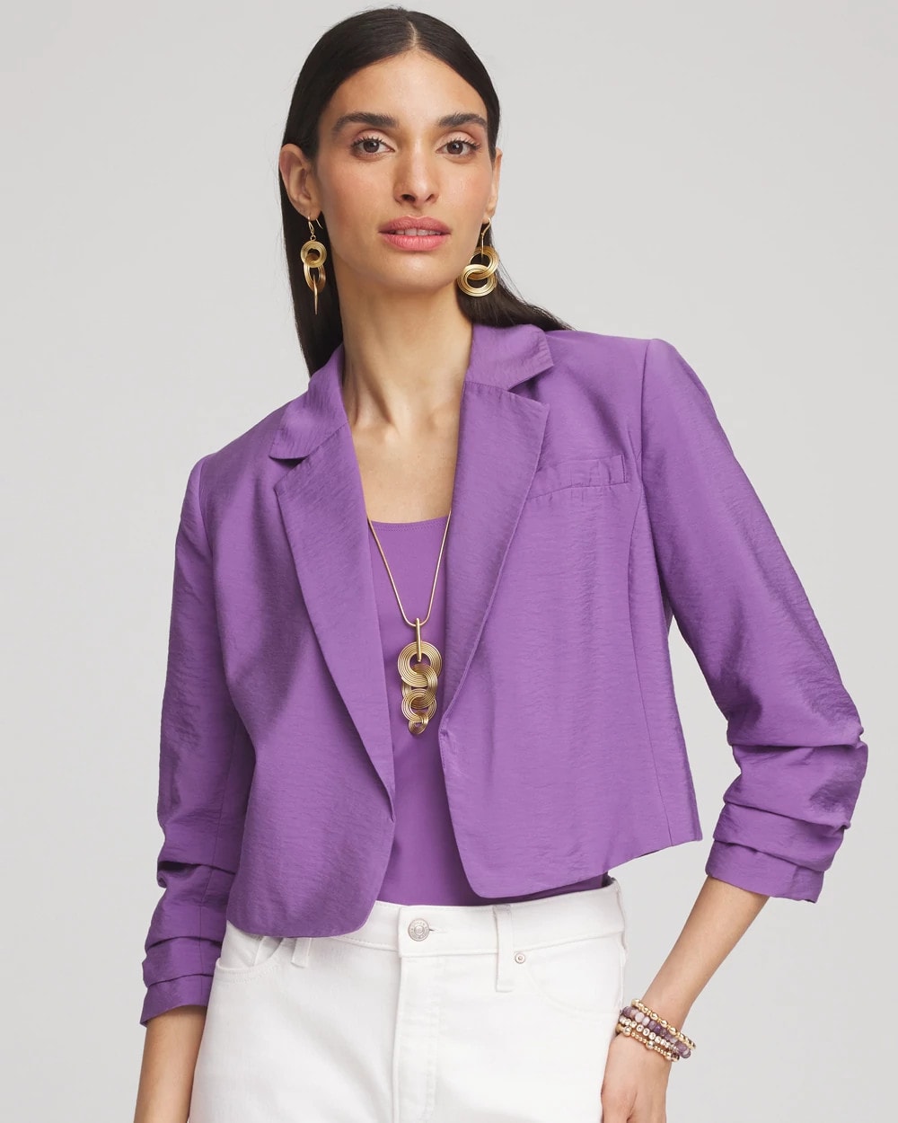 Cropped Ruched Sleeve Blazer Plum Shade - Chico's