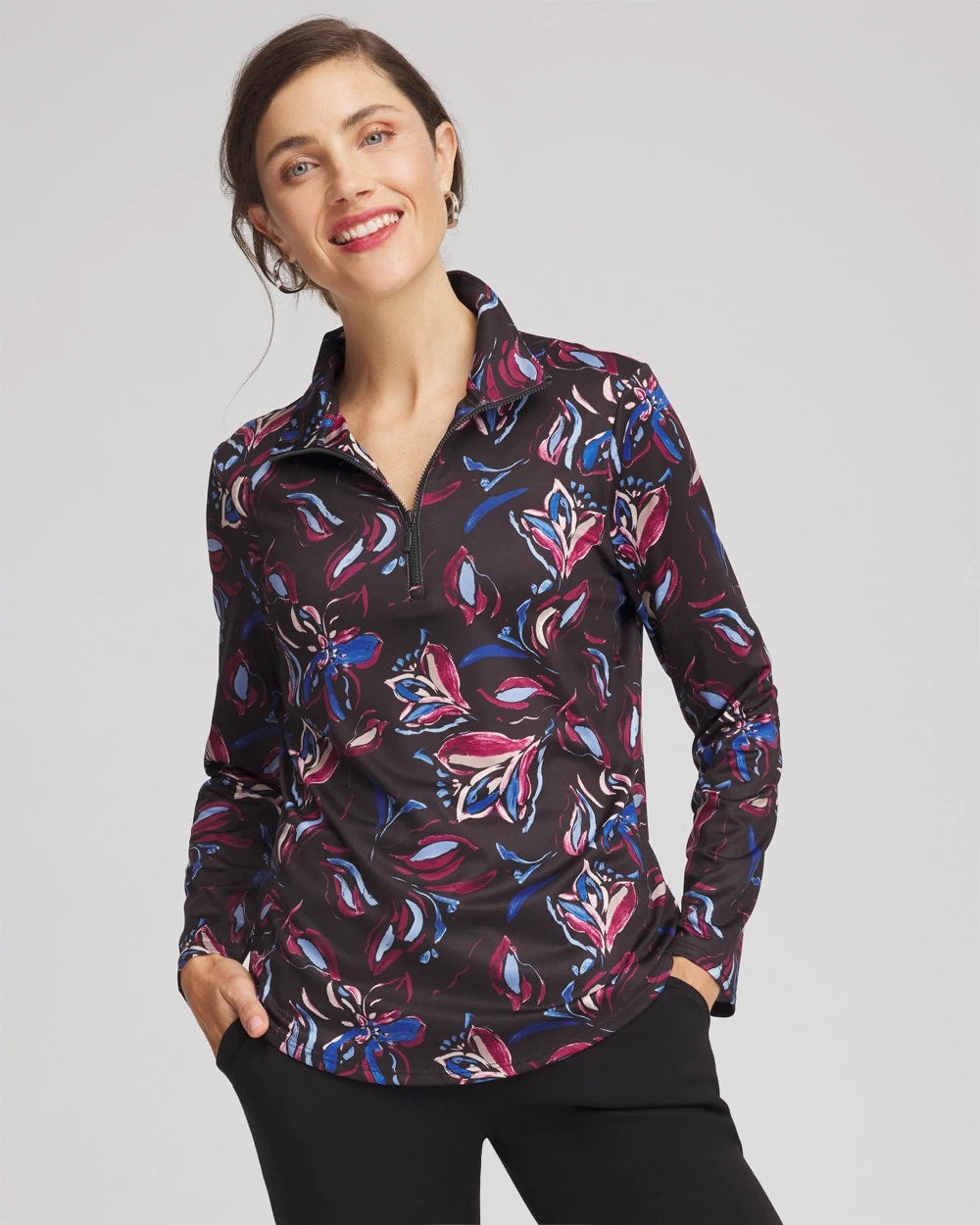 Zenergy® UPF Floral Half-Zip Pullover Top Deep Chianti - Chico's