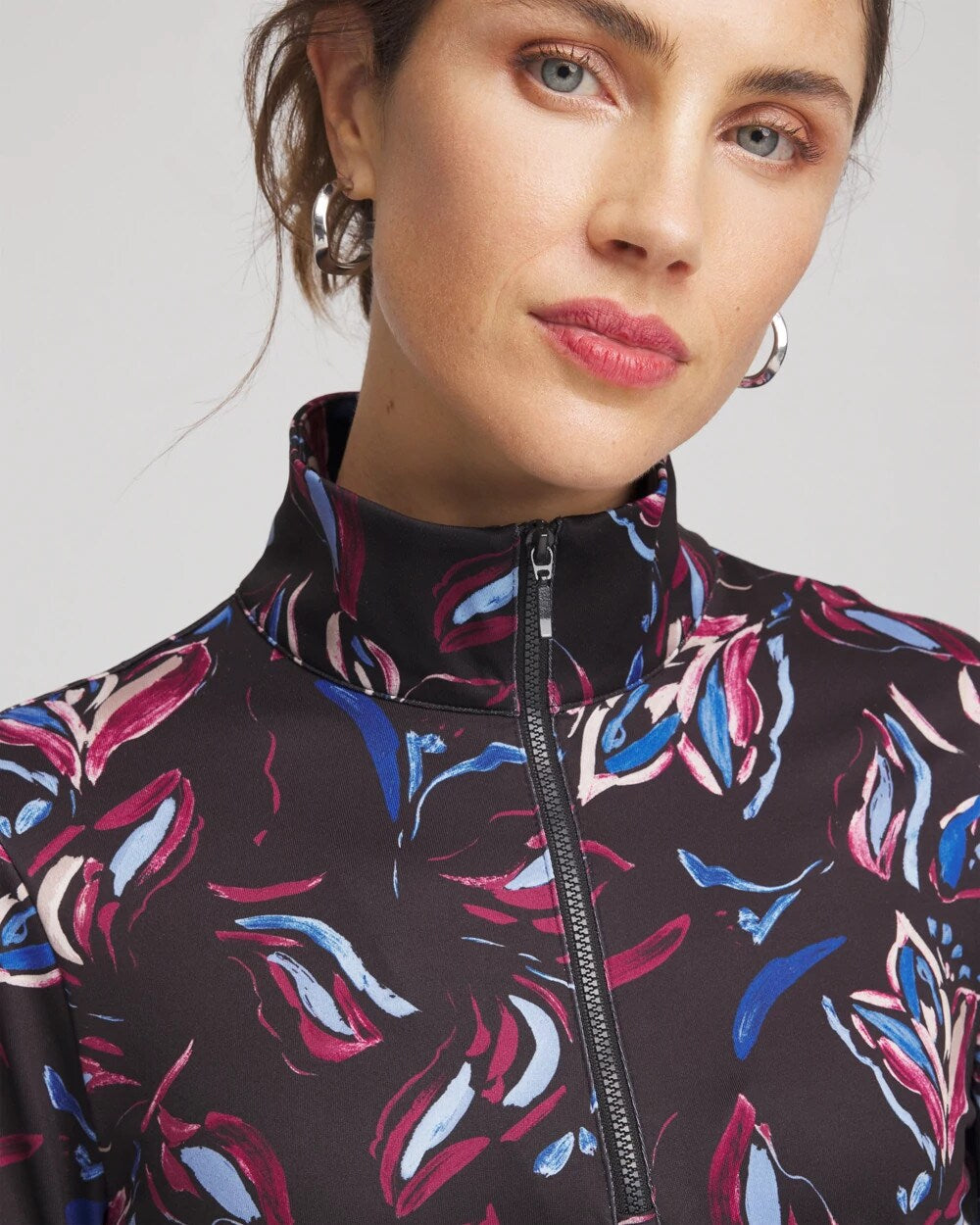 Zenergy® UPF Floral Half-Zip Pullover Top Deep Chianti - Chico's