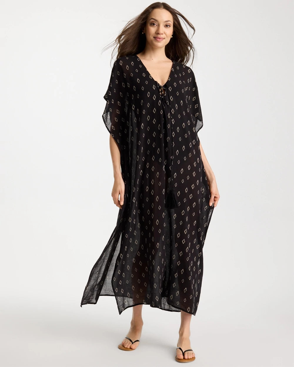 Printed Kaftan Swim Cover-Up Black/Neutral - Chico's
