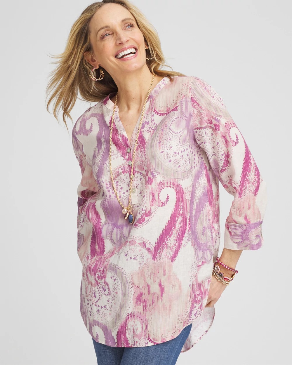 No Iron™ Multi Paisley Linen Tunic French Blush - Chico's